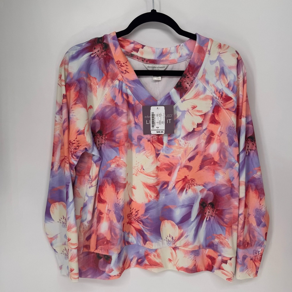 Christopher & Banks Floral Ribbed Top Womens P/M Multi NEW V-Neck Raglan Sleeve